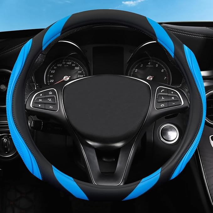 Concave Convex Massage Black Blue Microfiber Leather Steering Wheel Cover, 14.5-15 Inch Non-Slip Breathable Microfiber Car St