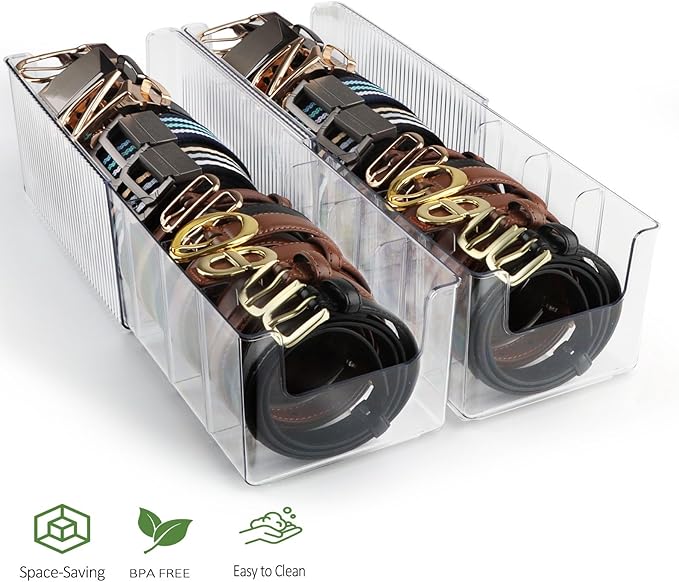 Clear Belt Organizer Extendable, 2 Pack Acrylic Belt Storage Holder with Adjustable Dividers, Belts Storage Container for Dra