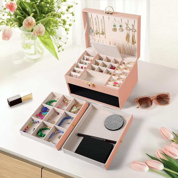 coobest 3 Layer Jewelry Box, Jewelry Holder with Lockable Drawer, Large Jewelry Boxes & Organizer with Velvet Earring Holder,