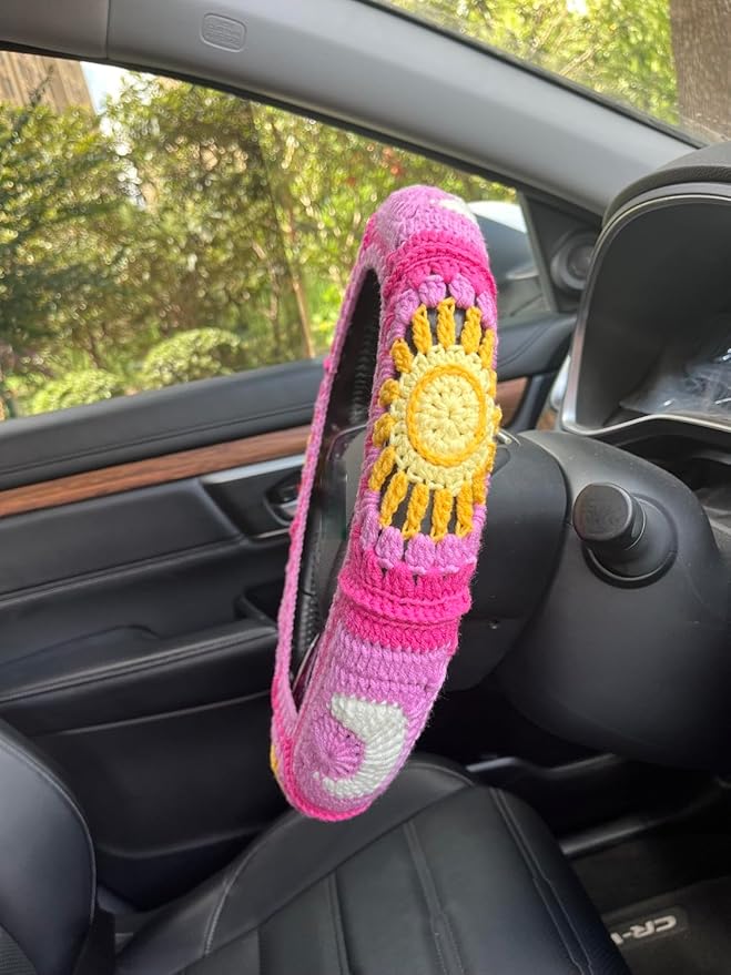 Handmade Crochet Sun and Moon Car Steering Wheel Covers Universal 14-15 inch for Women and Men (A,Steering Wheel Cover)
