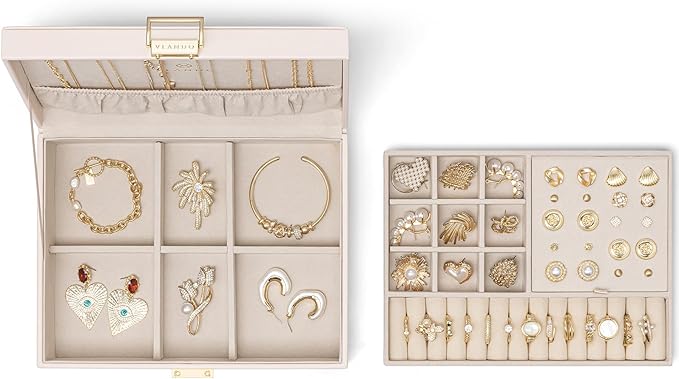 VLANDO 2 Layer Jewelry Box Large Jewelry Organizer for Women Removable Jewelery Tray for Necklace Earrings Rings Bracelets Mo