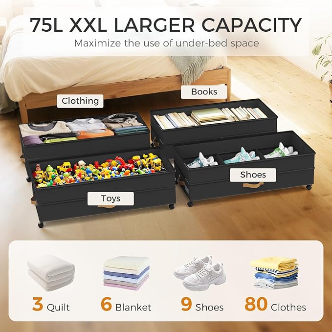 Under Bed Storage with Wheels 2-Pack, 75L XXL Under the Bed Storage Containers Large, 12" Tall Adjustable Storage for Underbe