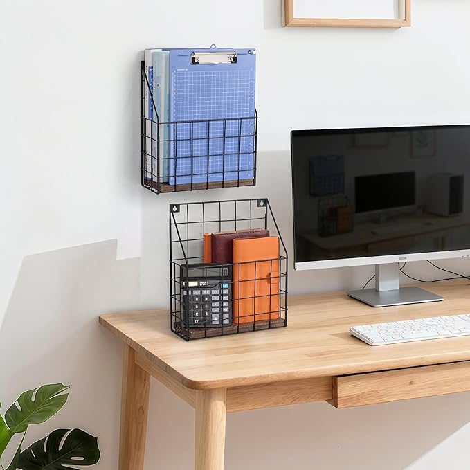 Mail Holder Magazine Basket - 1 Pack Black Wall Mount File Organizer Rack of Wooden Style with Adhesive Mounting - Metal Wire