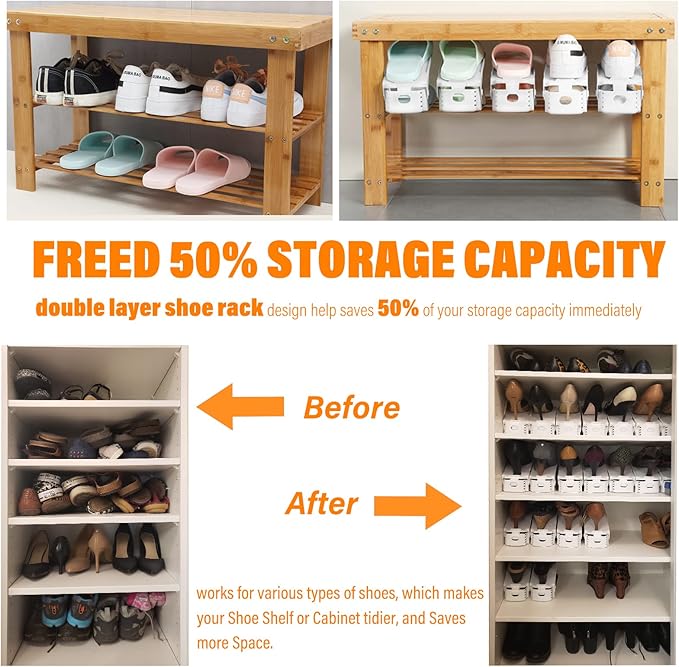 LEIMO Shoe Slots Organizer, 20-PACK Adjustable Shoe Stacker, Double Layer Stack Shoe Holder Space Saver, White Shoe Stacker f