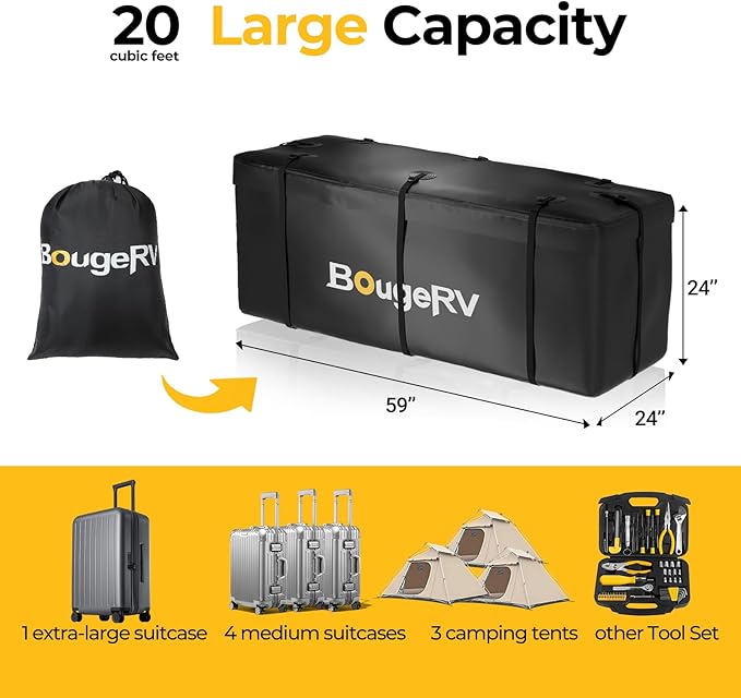 BougeRV Hitch Cargo Carrier Bag with Lock Waterproof Soft Shell 20 Cubic Feet (59" 24" 24") Cargo Bag for Hitch Carrier Include 8 Reinforced Straps for Truck Pickup RV All SUV with Hitch Cargo Basket