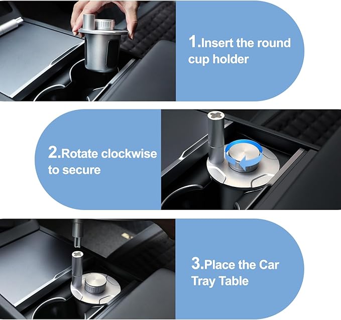 Car Table & Car Desk Tray for Round Cup Holder, 360° Rotating & Foldable Design, Easy Install, Car Accessories Compatible with Tesla