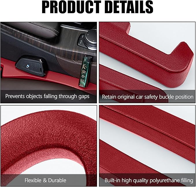 2PCS Car Seat Gap Filler, Soft Foam Leather Seat Side Gap Filler Plug, Fill The Gap Between Seat and Console, Stop Things from Dropping, Universal Interior Car Accessories (Red)