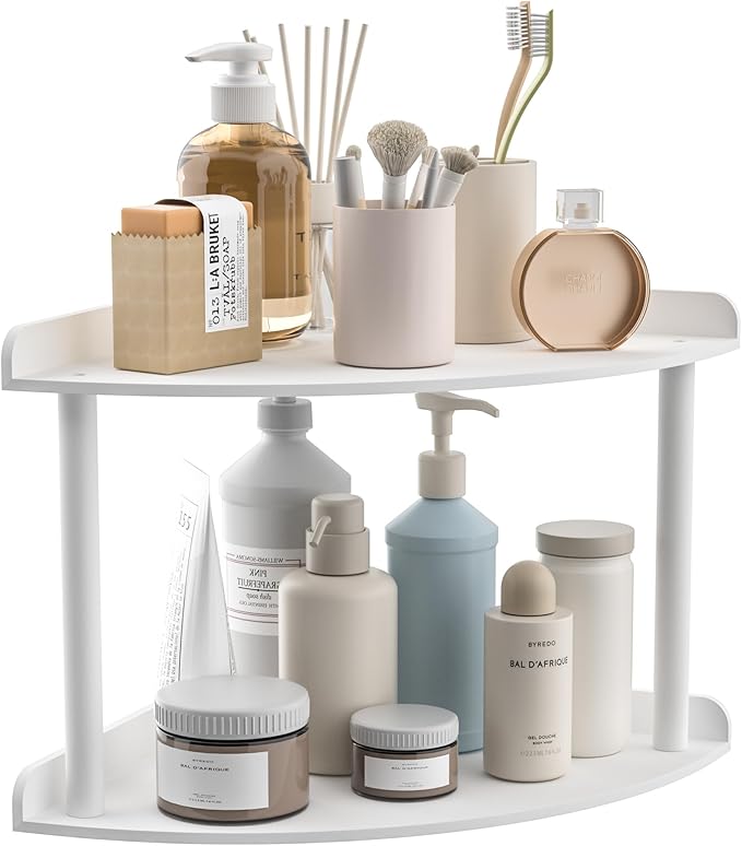 Sezanrpt 2 Tier Acrylic Corner Shelf Organizer Storage 9.5x9.5x8 Inch, White Countertop Corner Shelf for Bathroom, Kitchen, B