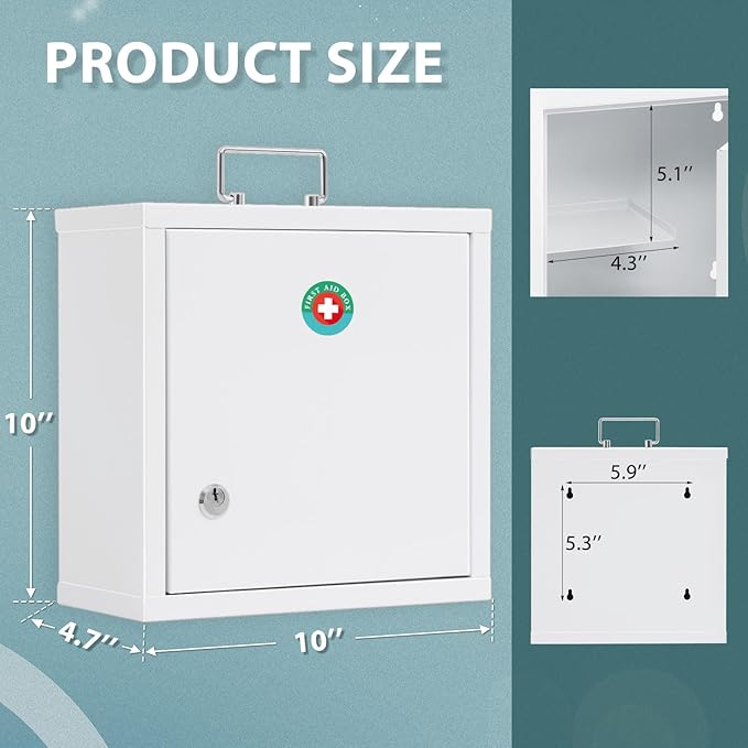 KYODOLED Locking Medicine Cabinet, Medication Lock Box with Key, Wall Mount Medical Cabinet for Safe Medication Storage, 10 *