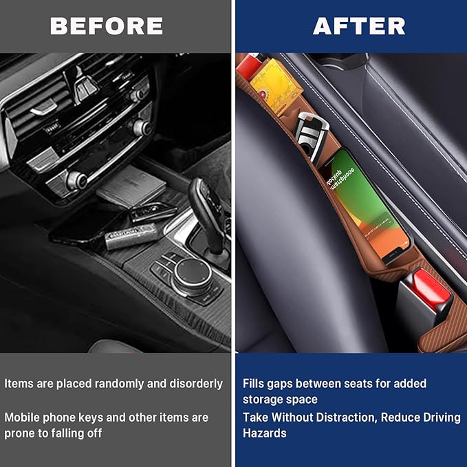 2PCS Car Seat Gap Filler, Vehicle Seat Organizer for Avoiding Dropped Items, Fill The Gap Between Seat and Console, No Drop Seats Guard for Coins Wallets Keys, Universal Car Accessories (Brown)