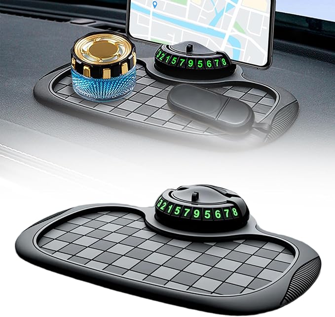 Multifunction Car Anti-Slip Mat,360° Rotatable Phone Holder Dashboard Pad with Hidden Parking Number Plate PVC Grid Style Mat