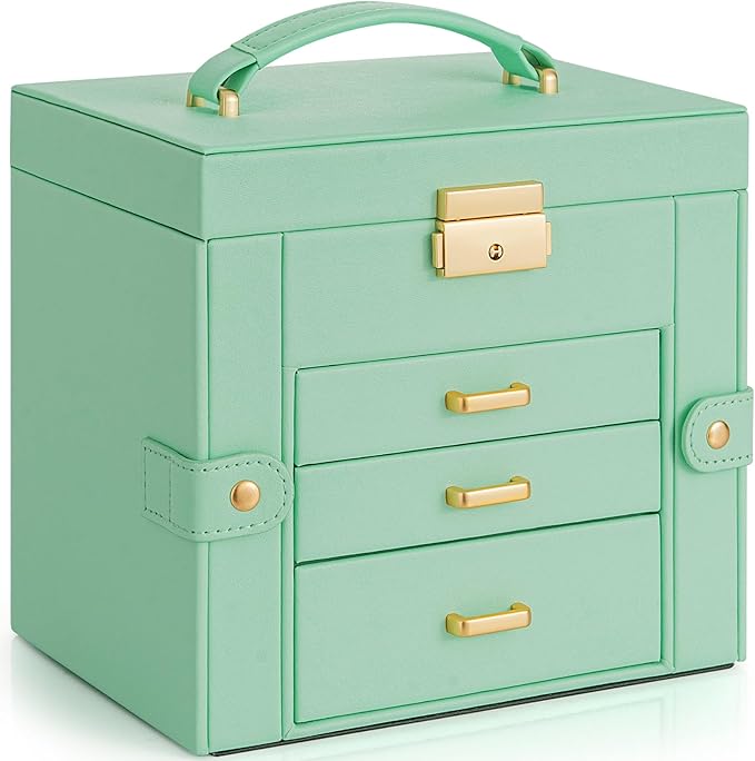 AKOZLIN 4-Tier Jewelry Box Leather Jewelry Storage Organizer with 3 Drawers Lockable for Women Girls Ring Necklace Earring Br