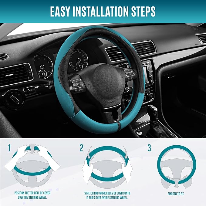 PIC AUTO Steering Wheel Cover, Black Patterned & Blue Leather Patchwork Design, Universal Fit 14.5"–15.5", Anti-Slip, Odor-Fr
