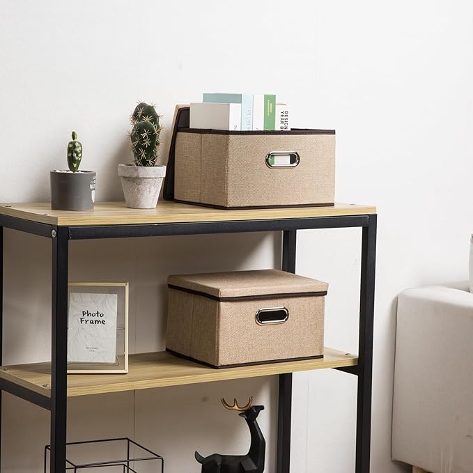PRANDOM Storage Bins with Lids [3-Pack] Jute Fabric Foldable Storage Boxes Organizer Containers Baskets Cube with Cover for H