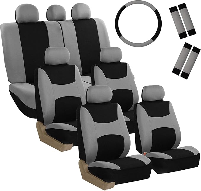 FH Group 3 Row Set 7 Seater Light & Breezy Flat Cloth Car Seat Covers, Combo Steering Wheel Cover & Seat Belt Pads, Airbag an