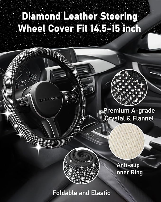 Belinous 27 PCs Bling Car Accessories for Women, Girl Car Accessories for Interior, Bling Steering Wheel Cover 14.5-15in, Bling License Plate Frame, Bling Phone Holder, Cup Coasters (Silver Diamond)