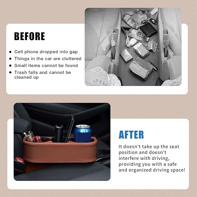 Car Cup Holder, PU Leather Auto Front Seat Organizer, Multifunctional Cup Drink Holders, Gap Filler Storage Box Coin Bucket Console Side Pocket Cell Mobile Phone Holder (Brown)