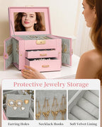 TORIBIO Jewelry Box for Women, Leather Jewelry Organizer with Mirror & Lock, 3-Tier Jewelry Storage Organizer with 2 Drawers 