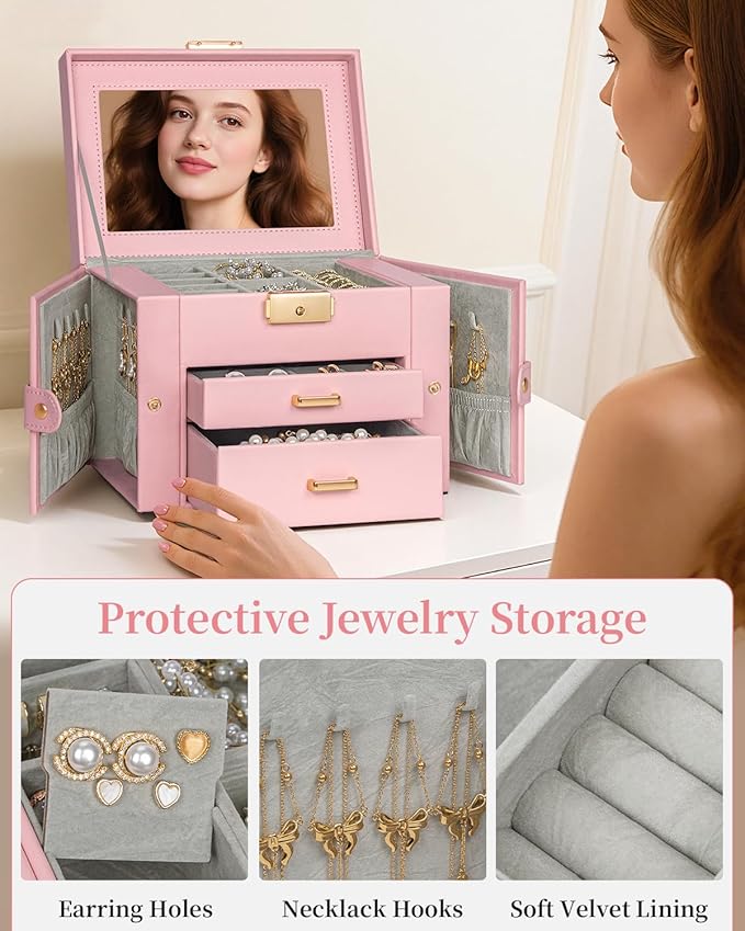 TORIBIO Jewelry Box for Women, Leather Jewelry Organizer with Mirror & Lock, 3-Tier Jewelry Storage Organizer with 2 Drawers 