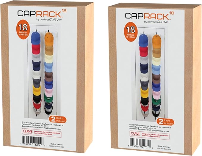 Perfect Curve Hat Organizer CapRack 2-Pack | Over-The-Door Hat Rack and Organizer | Baseball Cap Rack | Hat Rack for Door | 4
