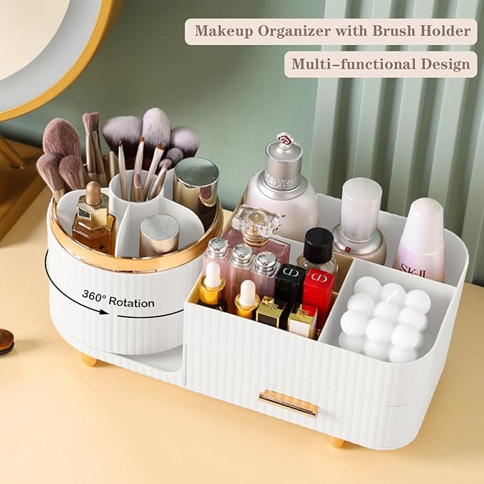 Rotating Makeup Organizer for Vanity with Brush Holder and Drawer, Cosmetic Makeup Storage, Large Spinning Makeup Skincare Or