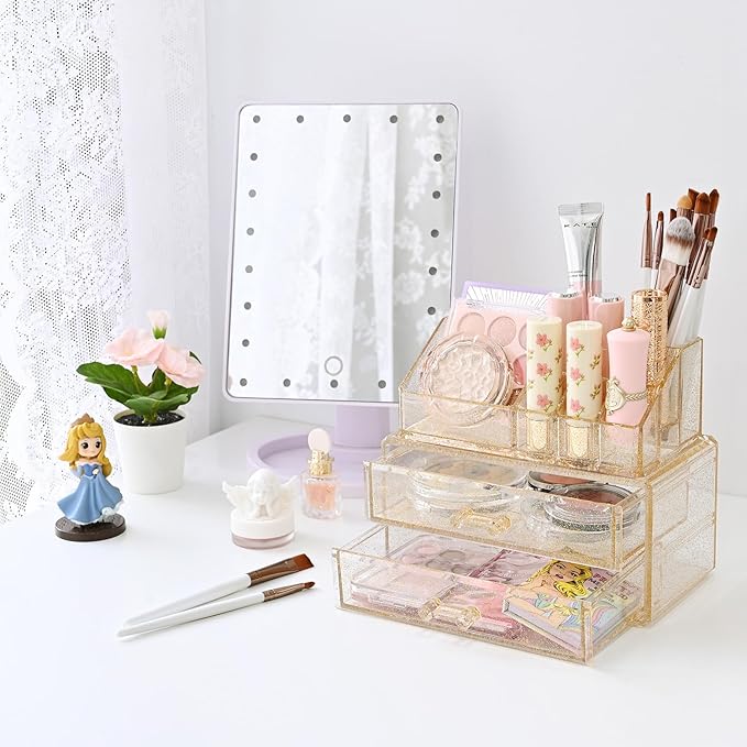 Ikee Design Acrylic Makeup Organizer with 2 Drawers Removable Top Lipstick Holders, Cosmetics Organizer for Skincare, Accesso