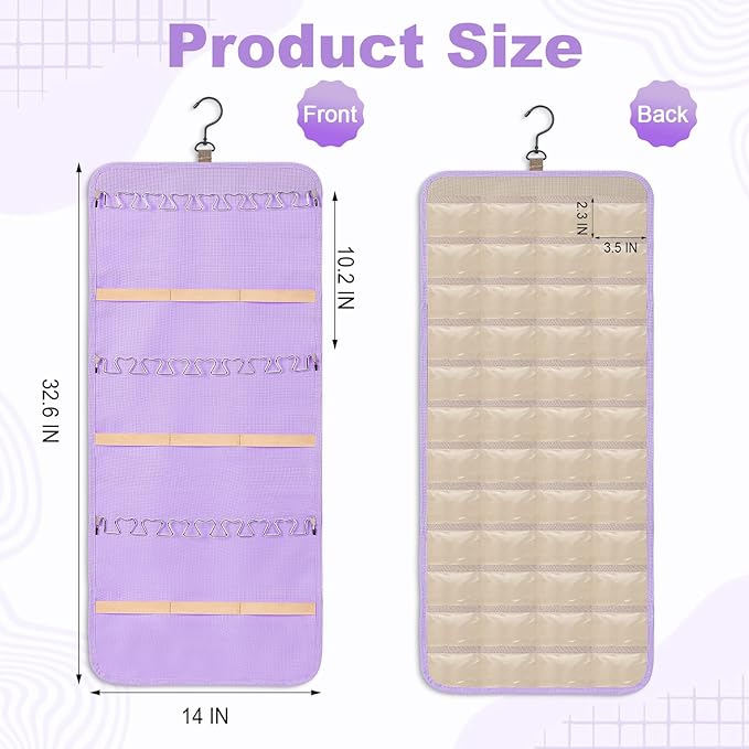 Dynoro Double-Sided Hanging Jewelry Organizer, Lavender Storage Roll for Earrings, Necklaces, Rings, 48 Pockets 21 Hooks, Dur
