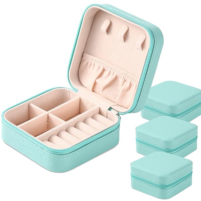 Neveika Portable Travel Mini Jewelry Box Leather Jewellery Ring Organizer Case Storage Gift Box Girls Women (4pcs blue).