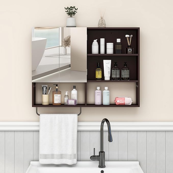Medicine Cabinet, Wooden Bathroom Wall Cabinet with 2 Doors, Adjustable Shelves & Towel Bar, Over Toilet Storage Cabinet Wall