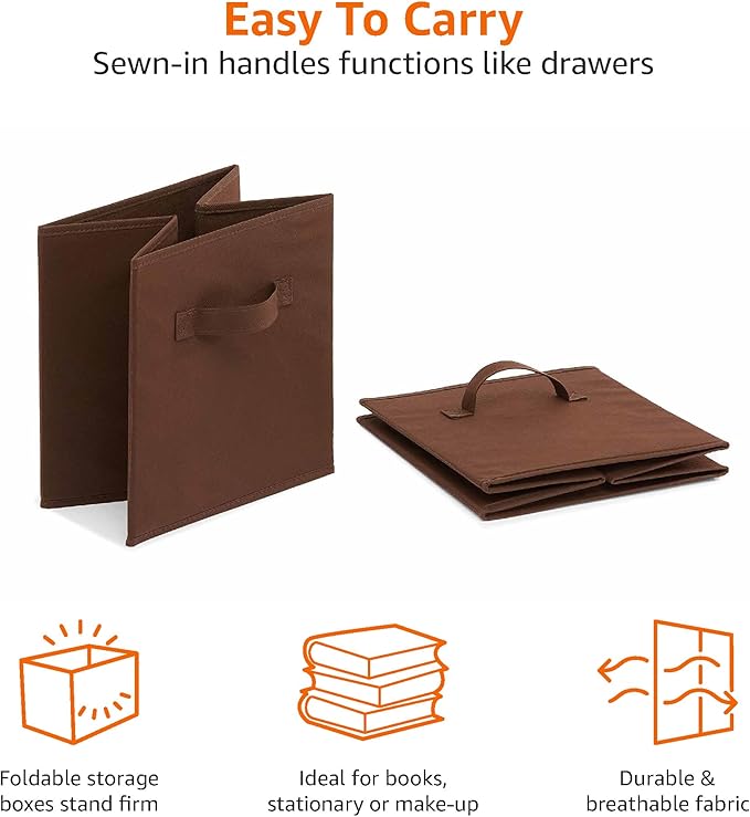 Amazon Basics Collapsible Fabric Storage Bins with Handles, Cube Organizer, Lightweight Fabric, 10.5"x10.5"x11", Brown, 6-Pac