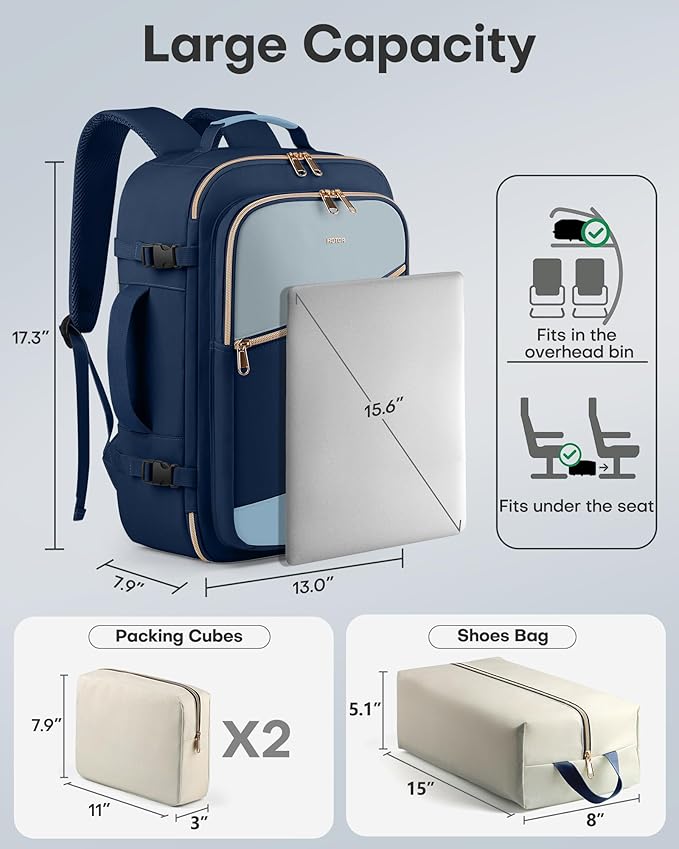 HOTOR Travel Backpack for Women – TSA-Friendly Travel Bag with Multiple Compartments & 3 Packing Cubes, Water-Resistant & Com
