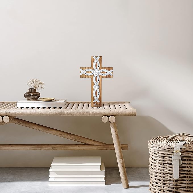 OKSQW Wall Cross Retro Catholic Wooden Hanging Baptism Crosses with Unique Metal Cross Spiritual Religious Cross with Hook 12