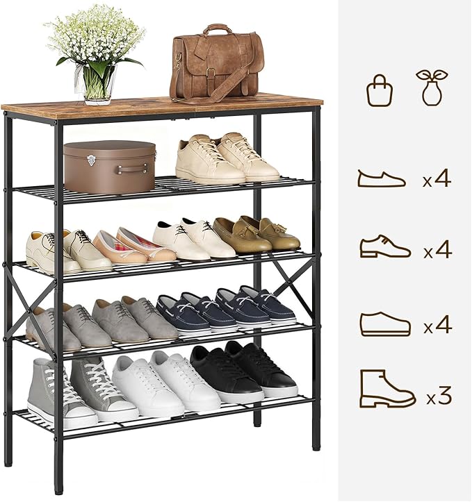 YATINEY 5-Tier Shoe Rack, Shoe Storage for Entryway and Closet, Free Standing Shoe Organizer with Metal Mesh Shelves, 16-20 P