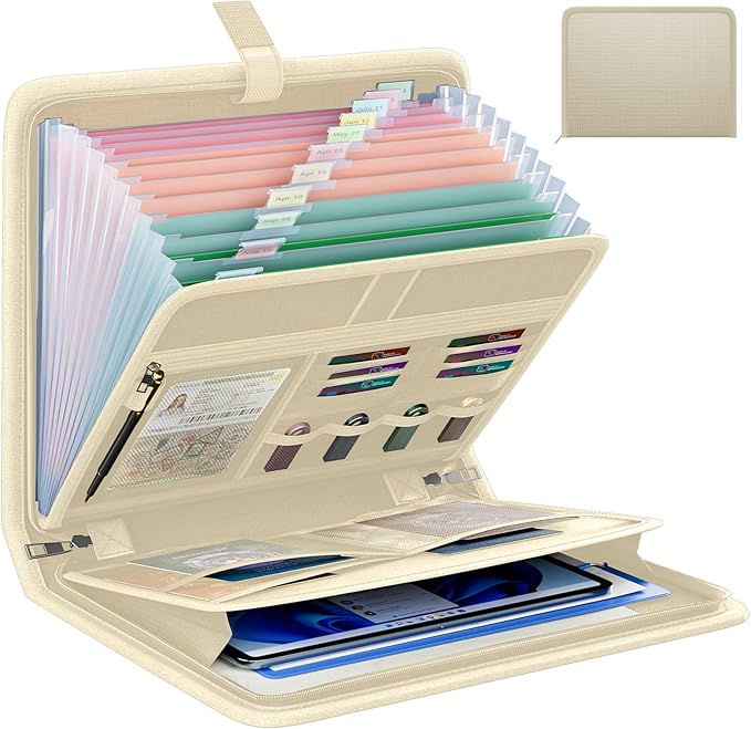 Fireproof Accordion File Organizer, Portable Expanding File Folder with Waterproof Zipper&Labels, Khaki Document Organizer wi
