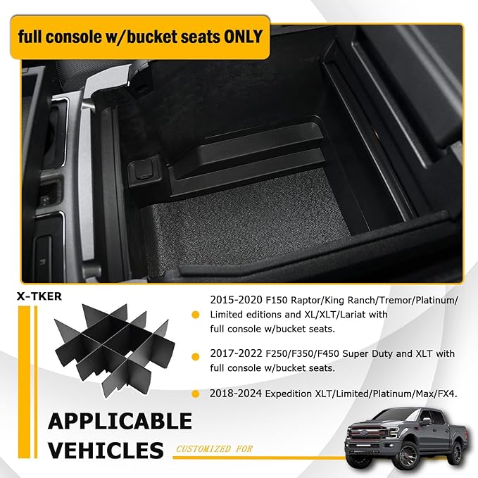 Center Console Organizer Compatible with Ford F150 2015-2020, F250/F350/F450 SuperDuty 2017-2022, Expedition 2018-2024 Accessories, Middle Console Organizer Divider (full console w/bucket seats ONLY)