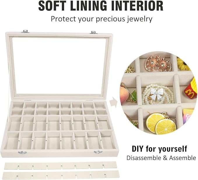 Vicoter Velvet Jewelry Tray 48 Compartments Jewelry Display Organizer with Transparent Cover Rings, Earrings, Necklaces, Pend