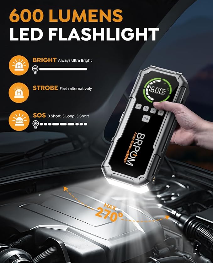 Jump Starter with Air Compressor, BRPOM 8000A Portable Car Jump Starter (All Petrol/12L Diesel), 160PSI 12V Battery Jump