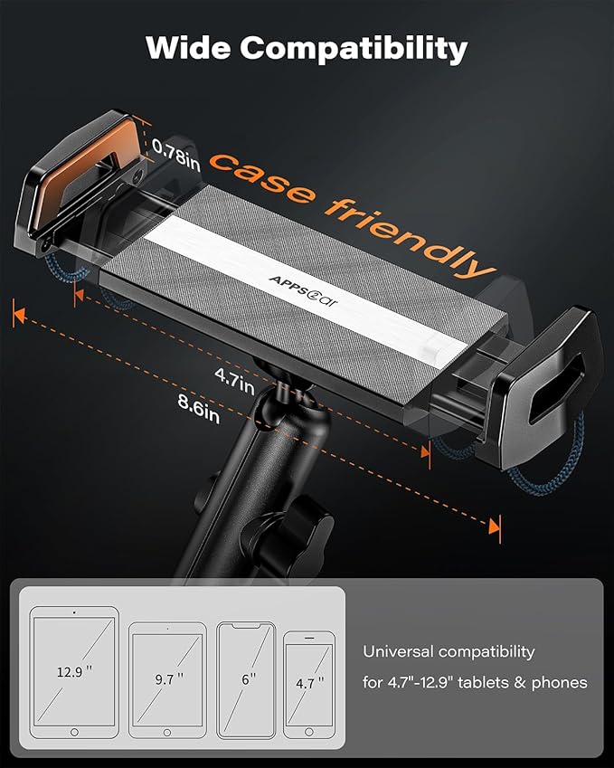 APPS2Car iPad Cup Holder Mount, Adjustable Alloy Arm for Car, Tablet Mount Road Trip Essentials Compatible With 4.7"-12.9" Cell Phones & Tablets