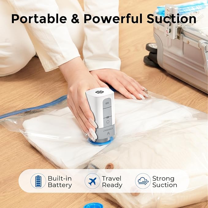 ETENWOLF 4 Pack Vacuum Storage Bags with Rechargeable Wireless Pump, Vacuum Seal Bags for Clothes and Travel, Space Saver Bag