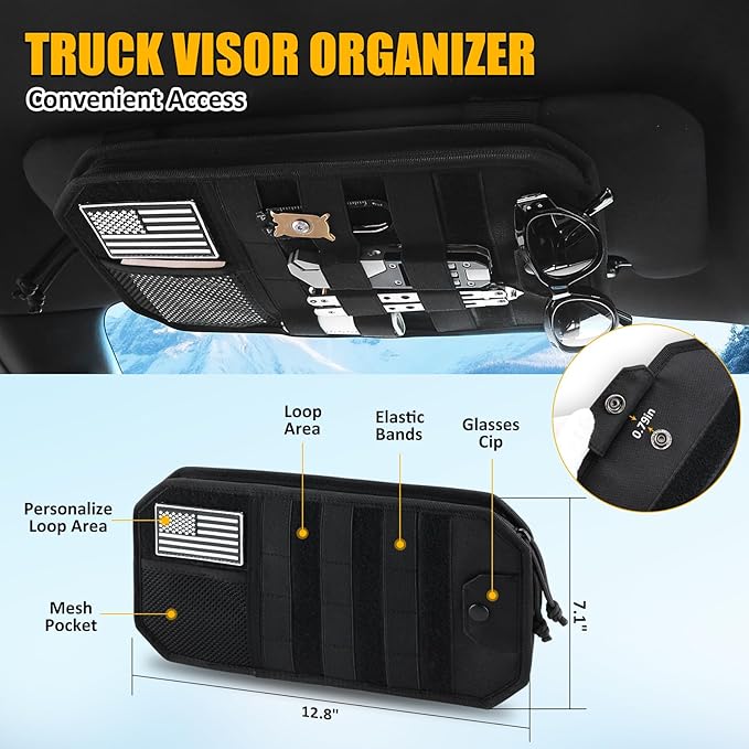 Falafa Car Sun Visor Organizer, Semi-Rigid Molle Panel for Tactical Gears with Zipper Visor Storage Pouch & Glasses Clip, Universal Fit for Trucks, SUVs, Jeeps & Patrol Vehicles