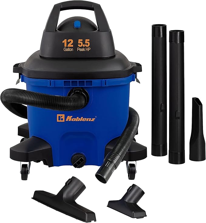 Koblenz Wet-Dry Vacuum, 12 Gallon Tank, 5.5 HP Vacuum Cleaner with 2-1/2" in x 7' Locking Hose, with a Blower Function, Blue/