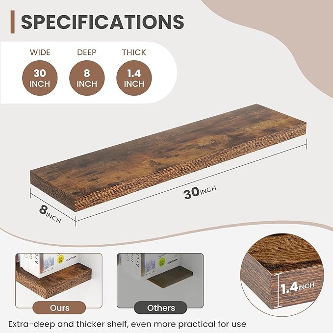 30 Inch Floating Shelves, 8 Inch Deep Floating Shelves for Wall, Hanging Shelf with Invisible Brackets, Deep Shelves for Bath