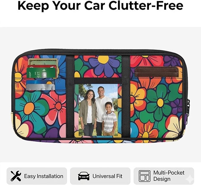 Car Sun Visor Organizer,Hippie Flower Multi-Pocket Car Truck SUV Storage Pouch Holder Elastic Bands Universal Fit Document Holder for Registration