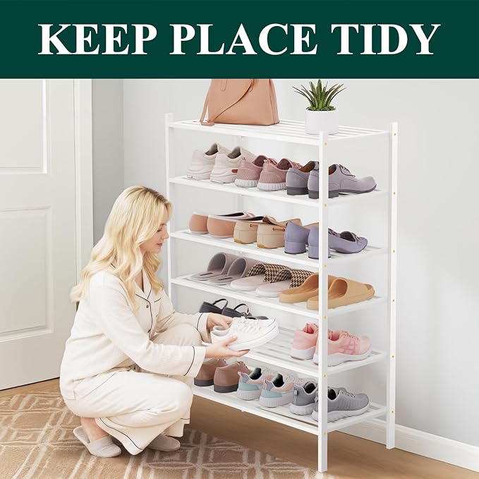 Smiry Bamboo Shoe Rack 6-Tier, Stackable Wooden Shoe Organizer for Entryway & Closet, Free Standing Wood Shoe Storage Shelf f