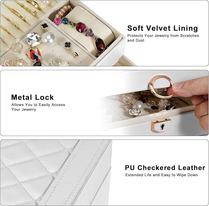 Jewelry Box, 3-Layer Jewelry Boxes for Women, Stud Earings Holder Jewelry Organizers and Storage with Removable Jewelry Tray,