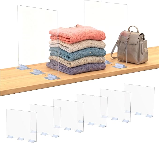 Acrylic Shelf Dividers for Closet Organization: Clear Removable 10/11.8" Tall X 11.8/10" Deep Clipless Separators 6 Pack for 