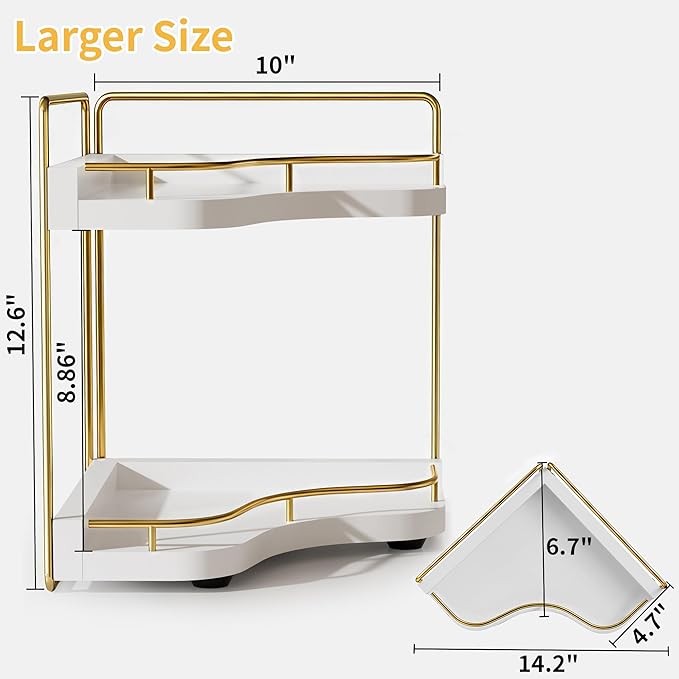2-Tier Corner Bathroom Counter Organizer with Embedded Screw Holes, Secure & Stable Wood Vanity Shelf for Makeup and Skincare
