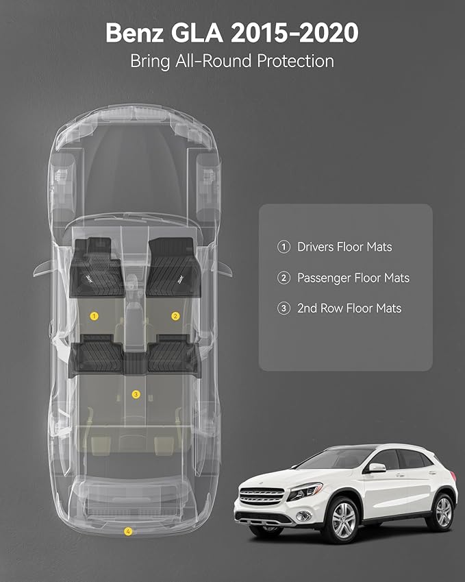 3W Floor Mats for Mercedes Benz GLA 2015-2020 250/45 AMG, TPE All Weather Custom Fit Floor Liner for Benz GLA Accessories 1st and 2nd Row Full Set Car Mats Easy Clean, Black