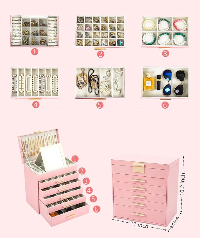 BOOVO Jewelry Boxes for Women, White and Black 6 Layer Large Jewelry Box for Necklace, Bracelet, Earrings, Rings Storage, Jew
