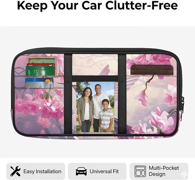 Hummingbird Car Sun Visor Organizer, Zipper Visor Organizer Storage Pouch, Card Holder, Adjustable Elastic Bands for Most Vehicles, Suvs & Trucks Scratch-Resistant Auto Interior Accessories